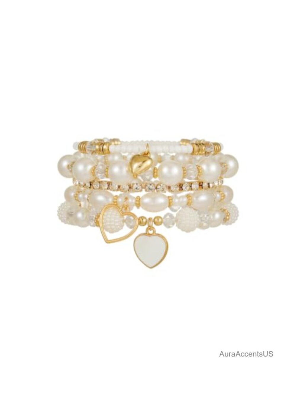 5-Piece Beaded Bracelet Set Women Boho Stretch Stackable Heart Charm Pearl